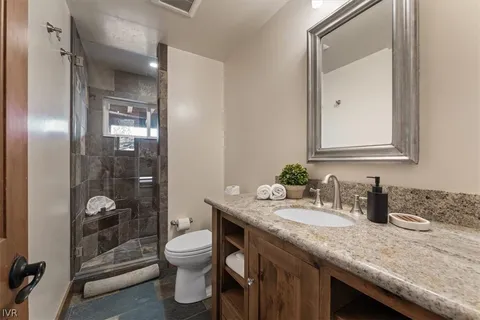 a bathroom with a granite countertop sink a toilet a mirror and shower