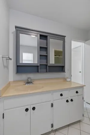 a bathroom with a sink and a mirror