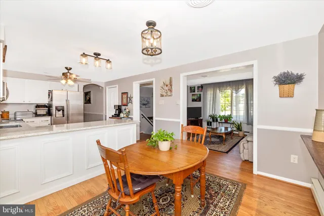 a view of a dining room with furniture