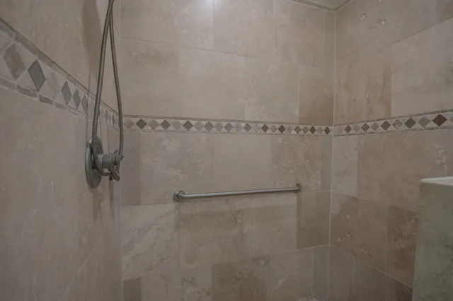 a bathroom with a shower and a toilet