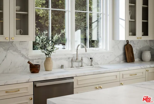 a kitchen with granite countertop a sink a potted plant and windows