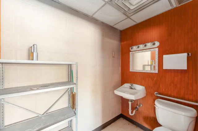 a bathroom with a toilet a sink and mirror