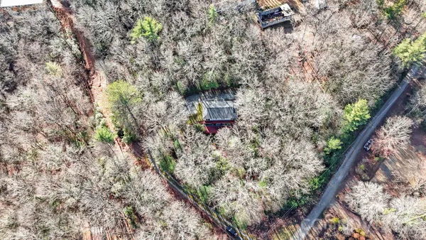 a aerial view of a house with a yard and large trees