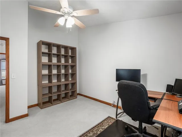 a workspace with a bookshelf