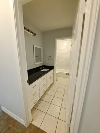 a bathroom with a sink a mirror and a shower
