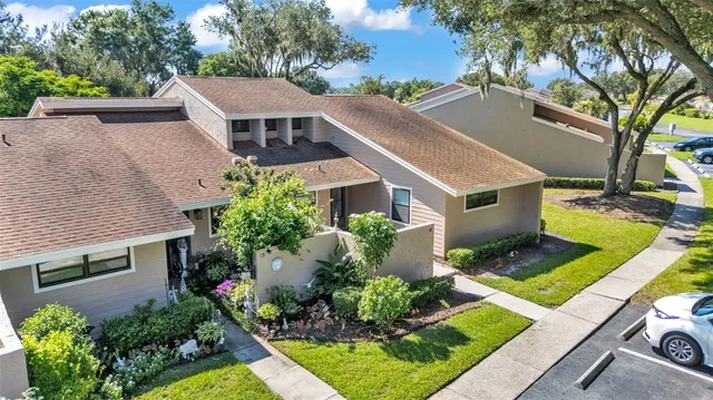 a aerial view of a house with a yard and potted plants