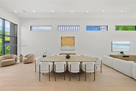 a kitchen with a sink and large windows