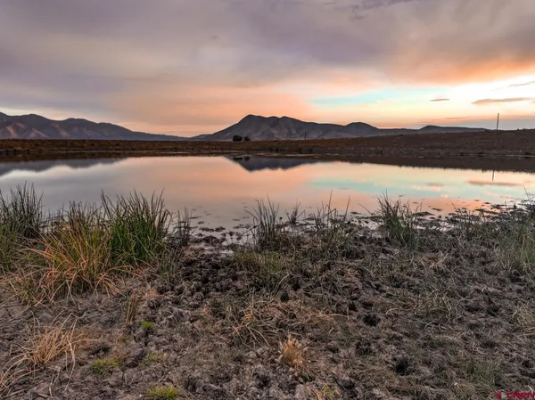 a view of a dry yard with mountains in the background