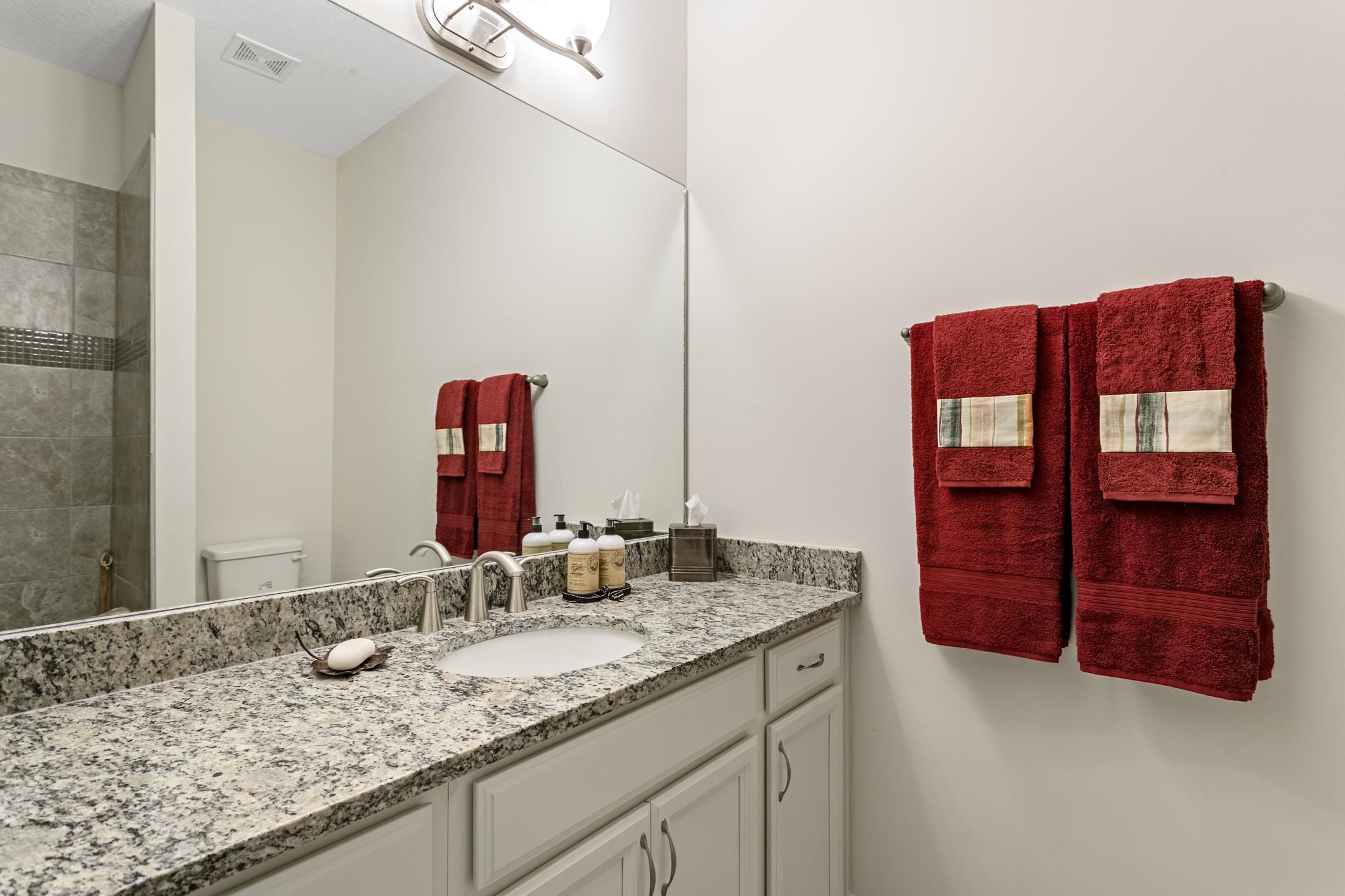 264 Grand Ravine Drive St. Augustine, FL 32086 - Photo 37 of 46 a bathroom with a granite countertop sink and a mirror