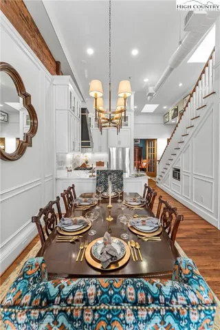 a view of a dining room with furniture