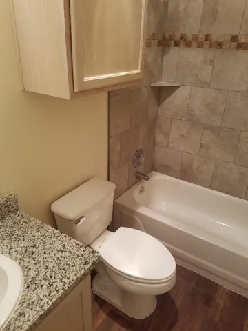 a bathroom with a granite countertop toilet and a bathtub