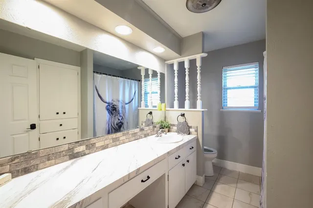 a bathroom with a granite countertop sink mirror and double
