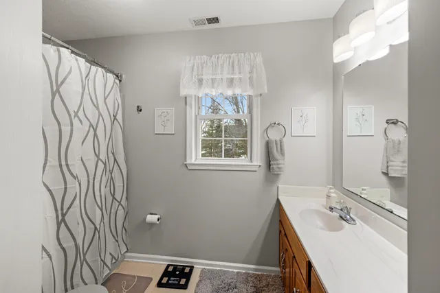 a bathroom with a sink vanity and a mirror