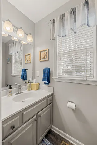 a bathroom with a sink a mirror and a shower curtain