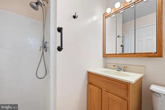 a bathroom with a shower sink and mirror