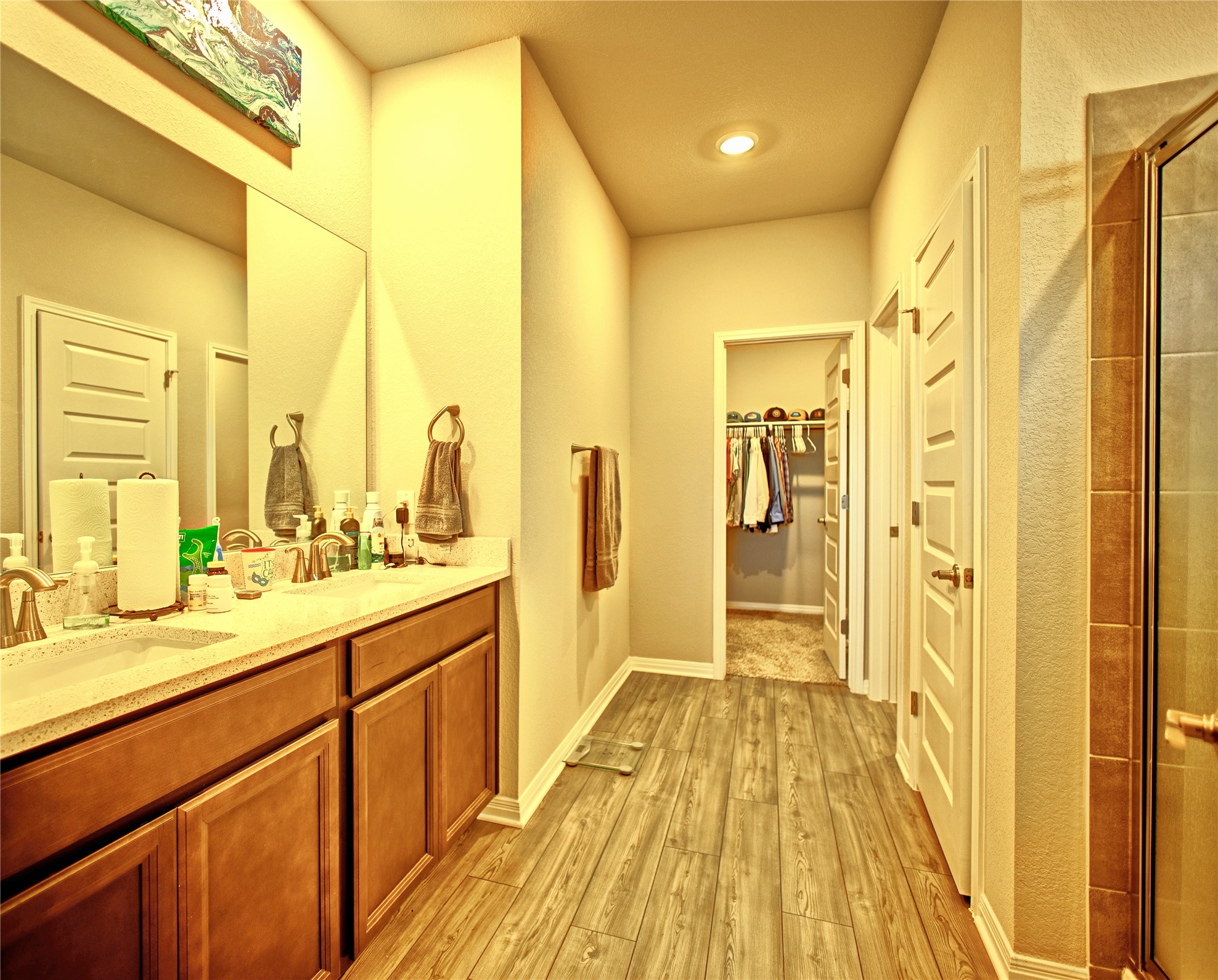 2809 Moyer Lane Round Rock, TX 78665 - Photo 7 of 22 Full bathroom featuring a spacious closet, light wood-style flooring, double vanity, and a shower stall