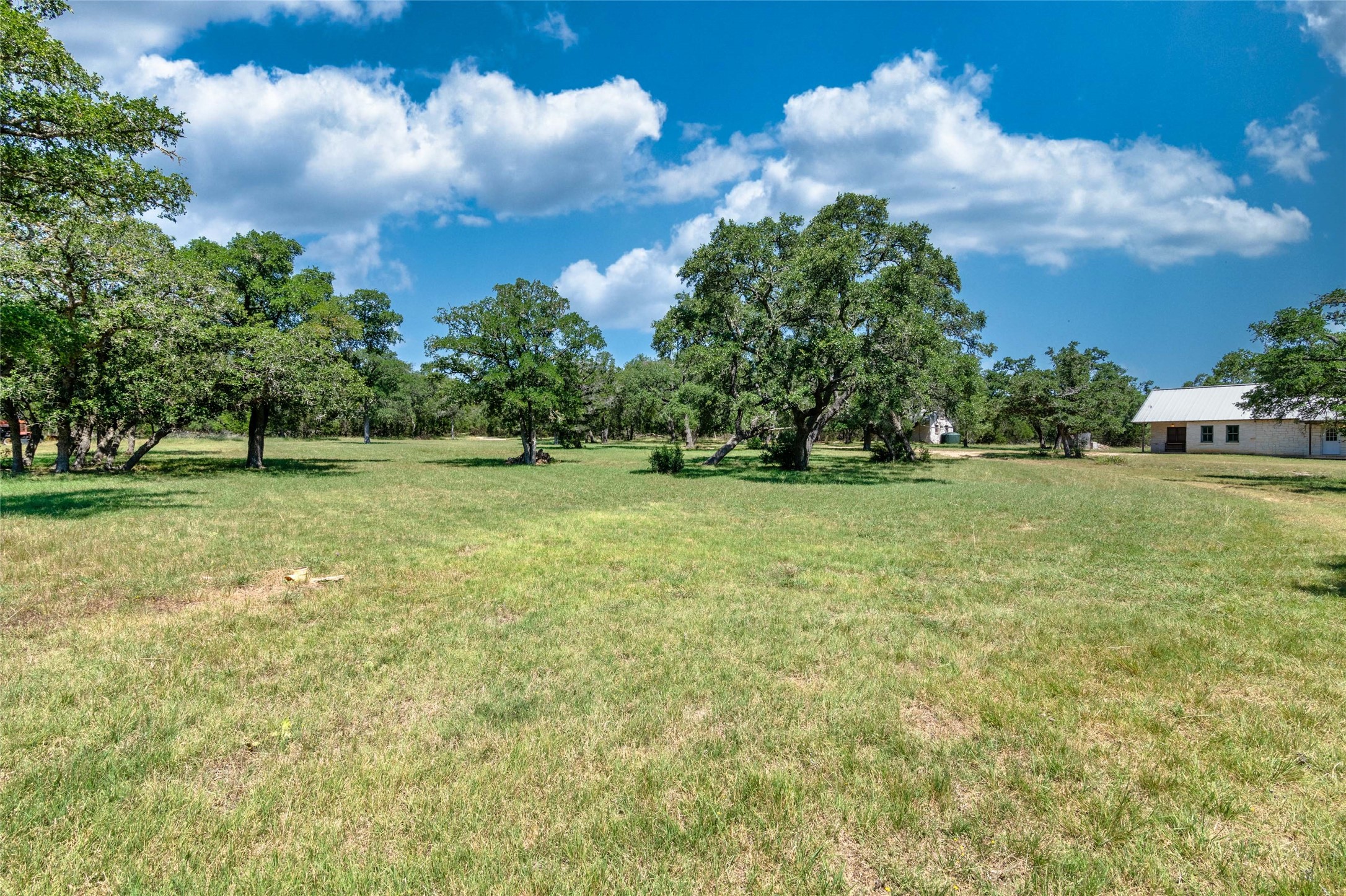 2001 Days End Road Wimberley, TX 78676 - Photo 1 of 1 Meadow like setting with large shade trees is the canvas for the two cabins and workshop.