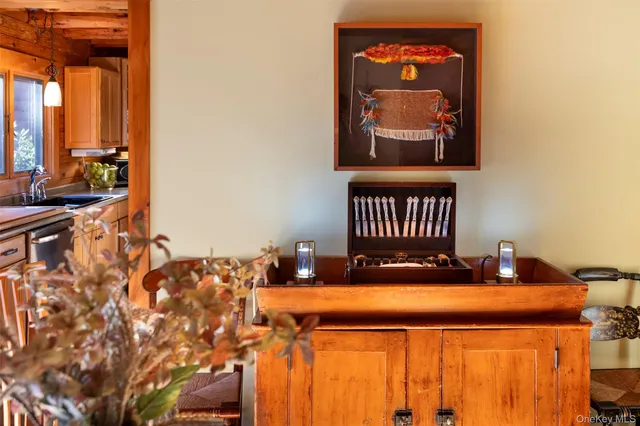 a kitchen with lots of counter top space and dining table