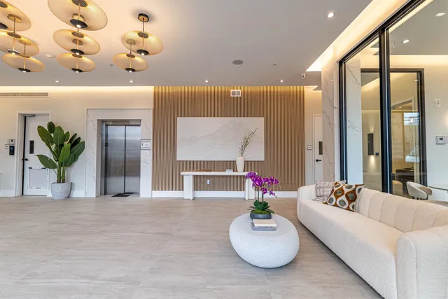 a living room with furniture and a potted plant