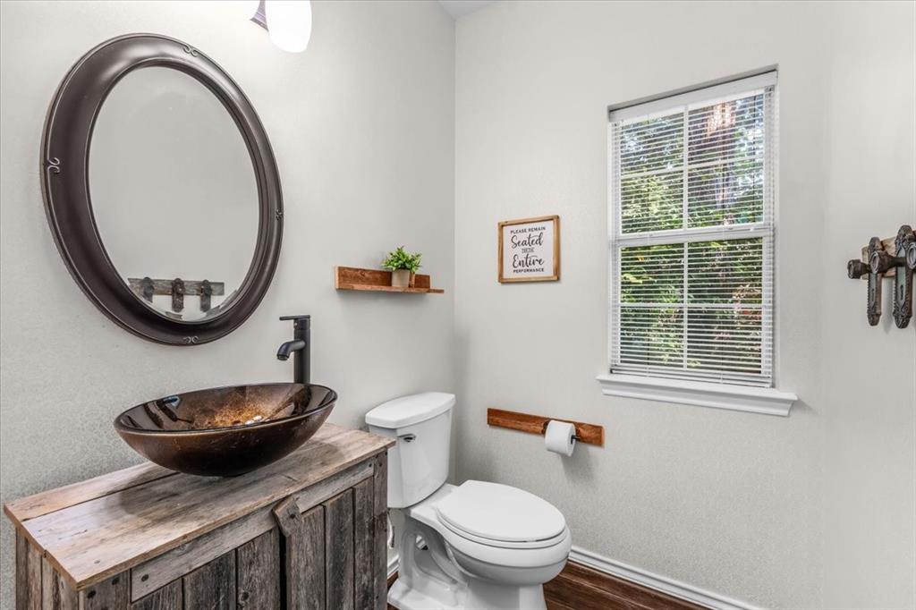 910 Crystal Cove Oak Point, TX 75068 - Photo 19 of 40 a bathroom with a toilet a sink and a mirror
