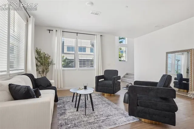 a living room with furniture rug and window