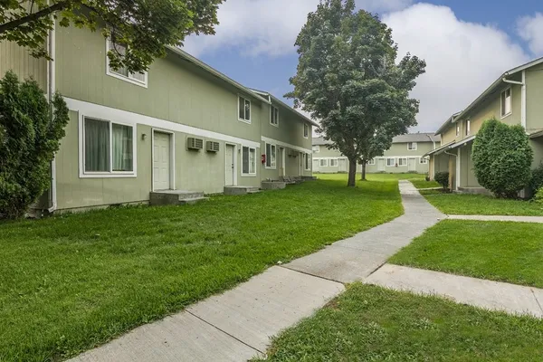 a backyard of a house with potted plants and large tree