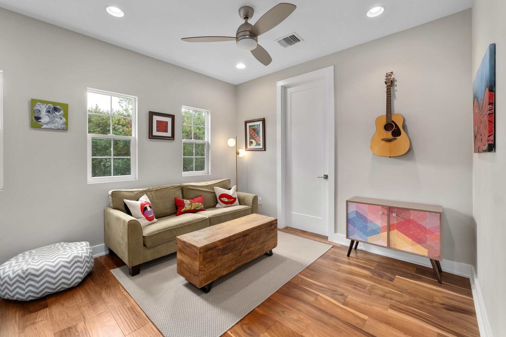 3302 Funston Street Austin, TX 78703 - Photo 20 of 36 Living area featuring wood finished floors, recessed lighting, and ceiling fan