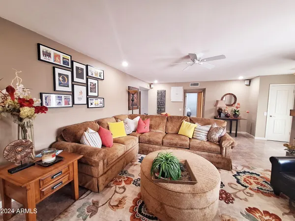a view of a dining room with furniture