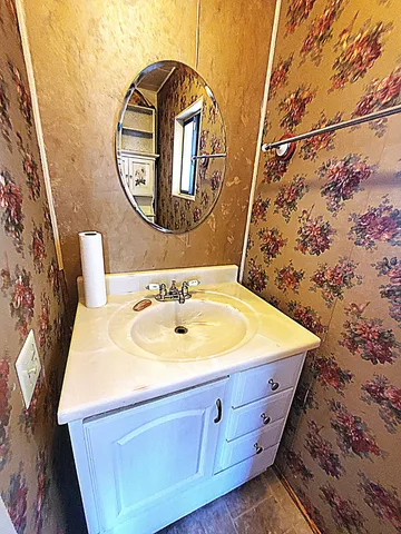 a bathroom with a sink and a mirror