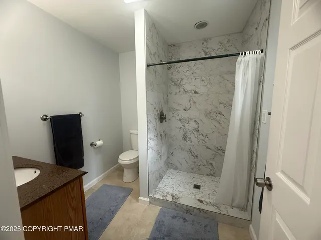a bathroom with a shower and a toilet