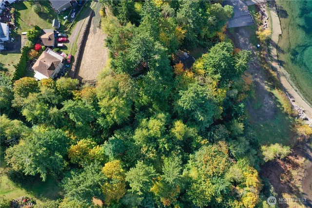 an aerial view of a house with a yard and swimming pool