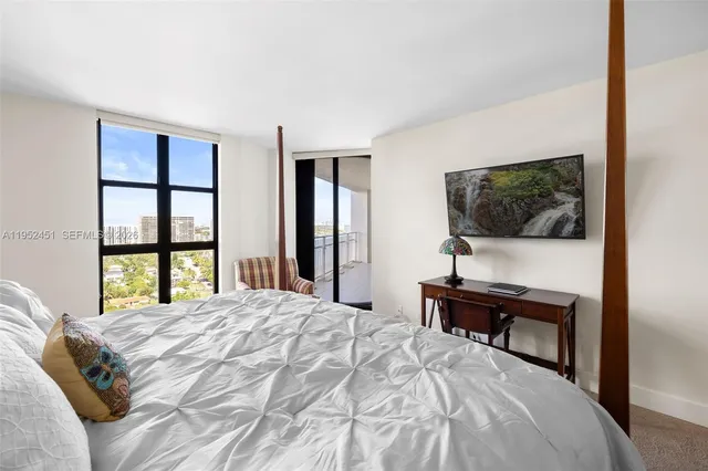 a bedroom with a bed and a flat screen tv