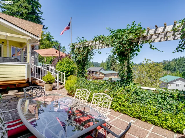 an outdoor space with furniture