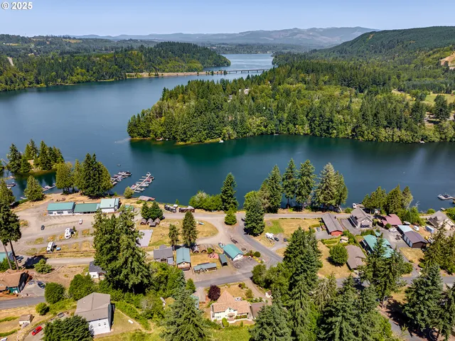 an aerial view of a houses with a lake view