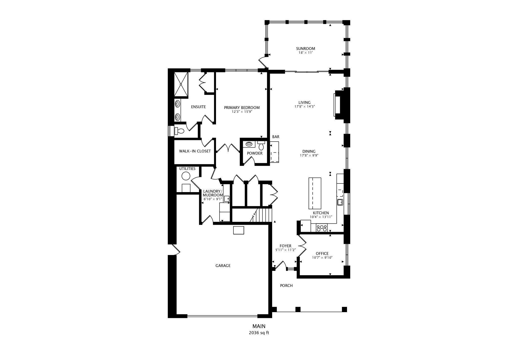 2730 Harbor Court Delavan, WI 53115 - Photo 45 of 47 Main-level floor plan with primary suite, office, open kitchen/living/dining area, laundry/mudroom, powder room, sunroom, and garage entry.