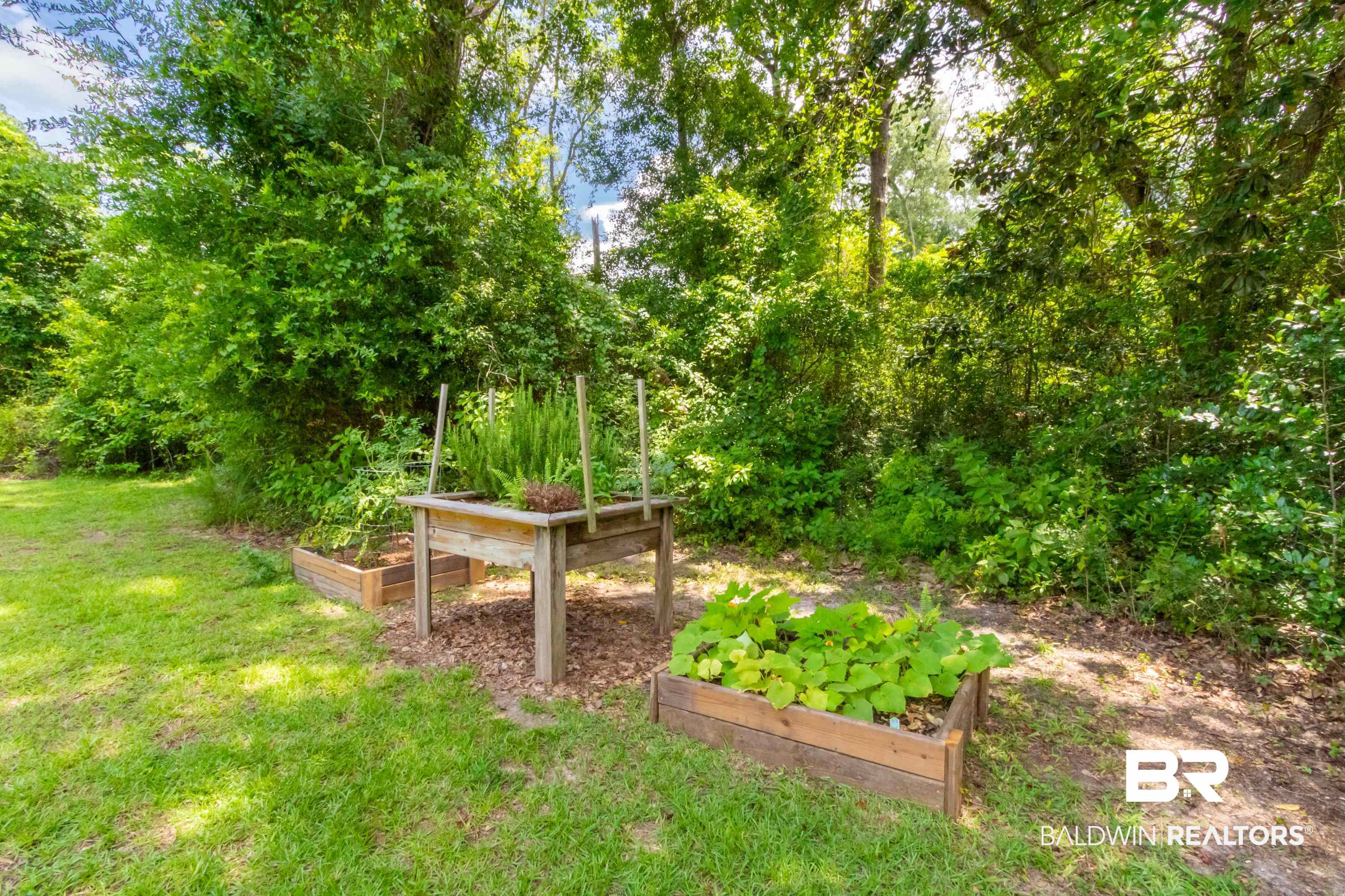 7472 Coopers Landing Road Foley, AL 36535 - Photo 36 of 40 Expansive outdoor space featuring a raised planter box, a freestanding garden bed, lush green foliage, and natural ground cover