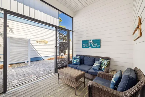 a building outdoor space with patio furniture