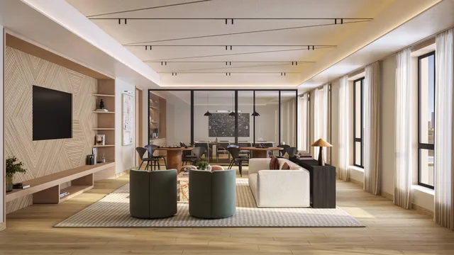 a view of a dining room with furniture