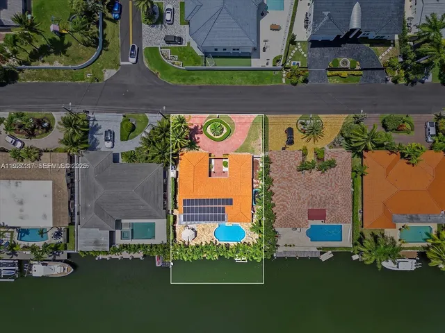 an aerial view of a building with outdoor space