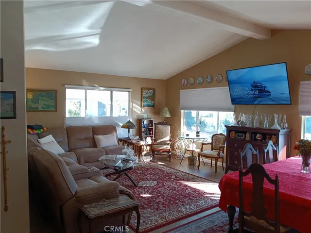 a living room with furniture a rug and a large window