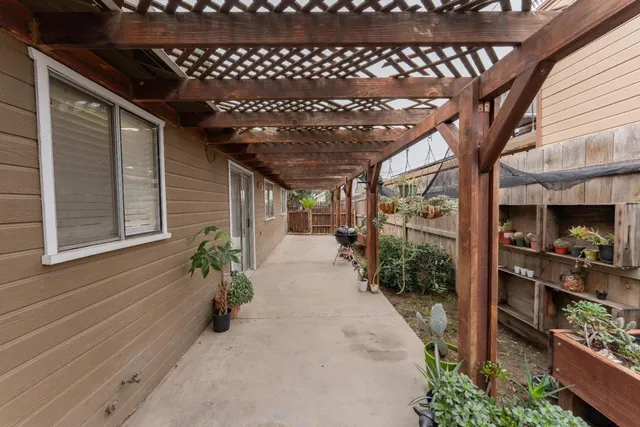 a porch with seating space