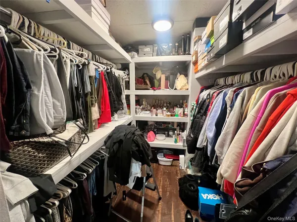 a view of walk in closet with clothes and shoes