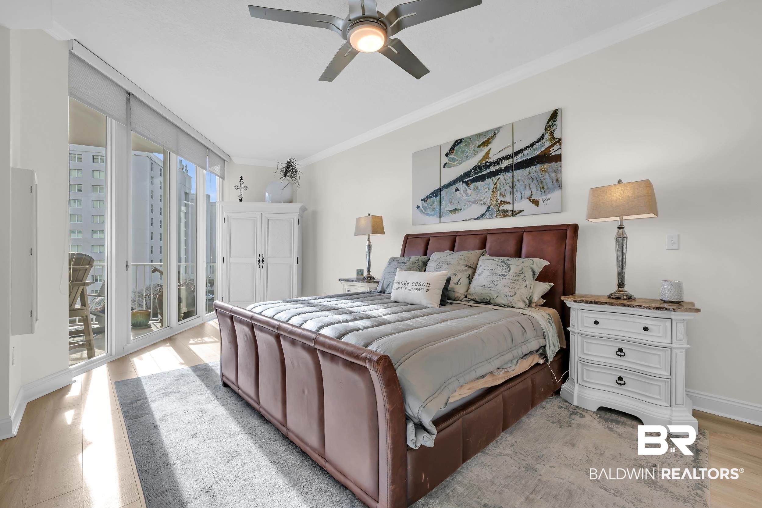 28250 Canal Road, Unit 307 Orange Beach, AL 36561 - Photo 34 of 56 Bedroom featuring light wood-style flooring, crown molding, access to outside, floor to ceiling windows, and ceiling fan