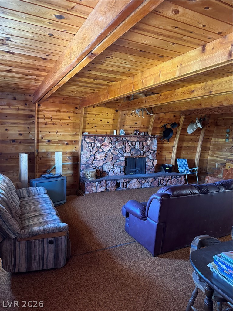 20996 Pinion Pine Road Pioche, NV 89043 - Photo 2 of 19 This cozy living room features warm wood paneling and a stone fireplace, perfect for tranquil evenings.
