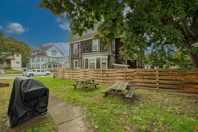 a garden view with a seating space
