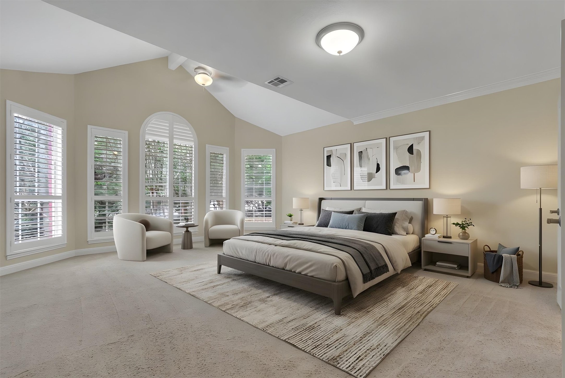 6008 Tributary Ridge Court Austin, TX 78759 - Photo 12 of 36 Virtually Staged Primary bedroom on main level. Light abundant windows with elegant plantation shutters.