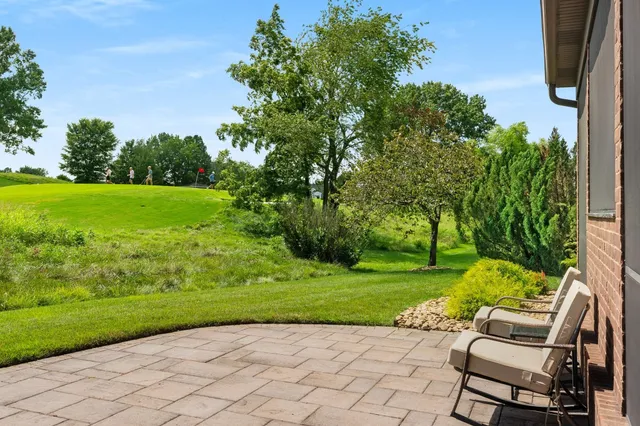 a view of a garden with lawn chairs and plants