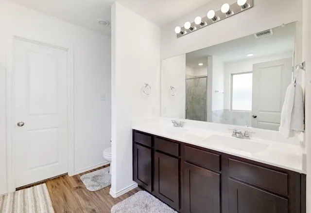 a bathroom with a sink vanity and a mirror