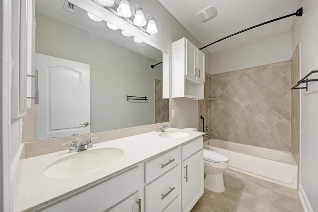 a bathroom with a sink a toilet and a large mirror