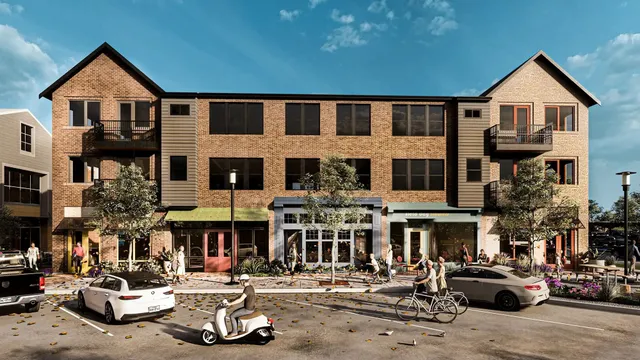 a front view of a building with street view